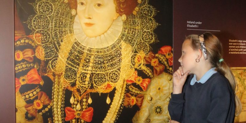 26/6/2013 Story Kathryn Hayes. (Pictures with compliments) Debra Hayes(8) from St Mary's NS in Limerick was treated to a VIP experience in the newly refurbished King John's Castle where she studies a portrait of Queen Elizabeth 1st. King John's Castle re-opens on Friday.
Picture Liam Burke/Press 22